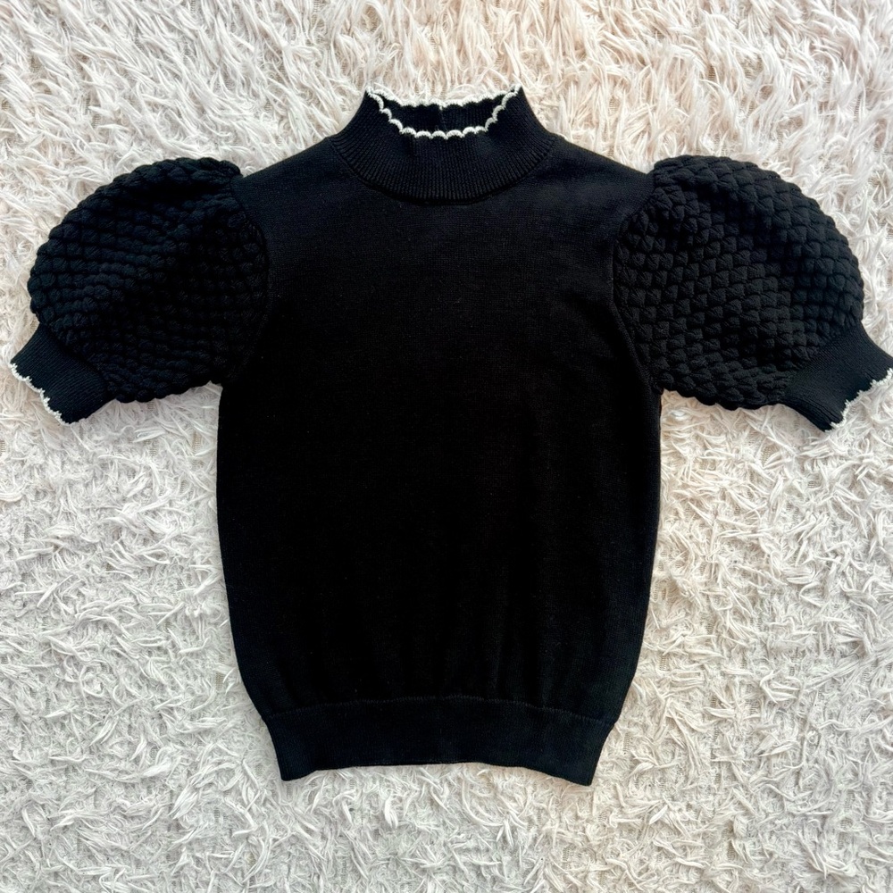 Janie and Jack Black Puff Sleeve Sweater Top with Cream Trim